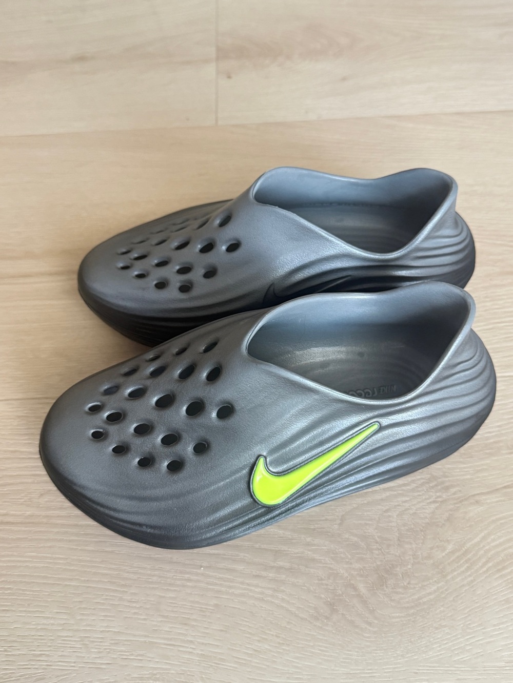 Nike Kids Metallic Gray Slip-On Clog with Neon Yellow Swoosh